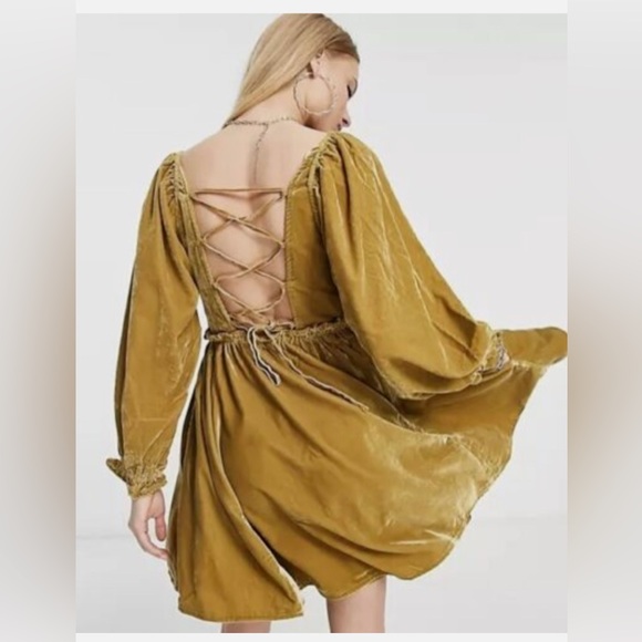 Free People Elegant Gold Yellow Lace-Up Dress NWT sz XL - Picture 1 of 14